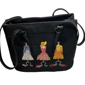 Melrose Black Nylon Faux Leather Handbag Purse Tote Embroidered Dress Figures